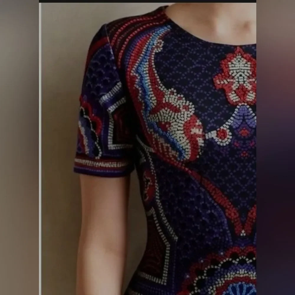 Pankaj & Nidhi Fitted Short Sleeve Scuba Dress, Mosaic Print, Size 2
